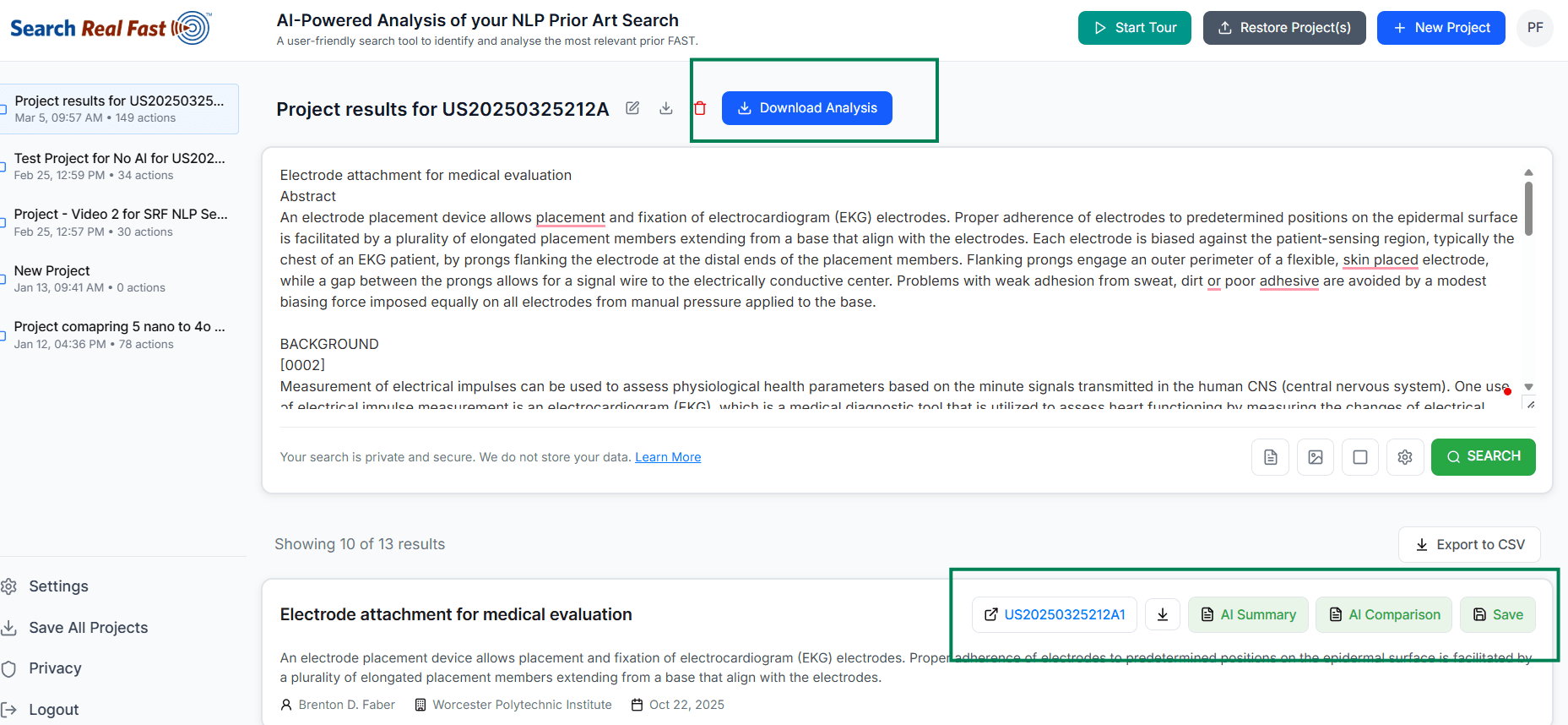 Search Real Fast application showing Download Analysis button and search results